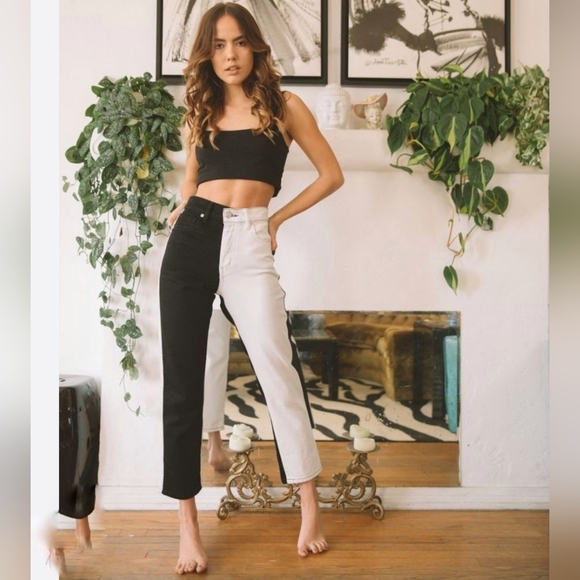Revice Black White Two Color Jeans Size 27 Straight Leg Zip Fly Neutral Boho - Picture 1 of 14